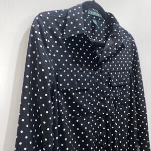 LAUREN RALPH LAUREN Sz 6 Black Polka Dot Long Sleeve Collared Shirt Dress Pocket